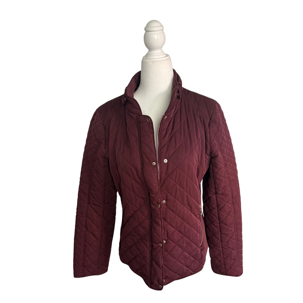 New York & Company Burgundy Quilted Puffer Jacket Women Medium Wine Zip Up